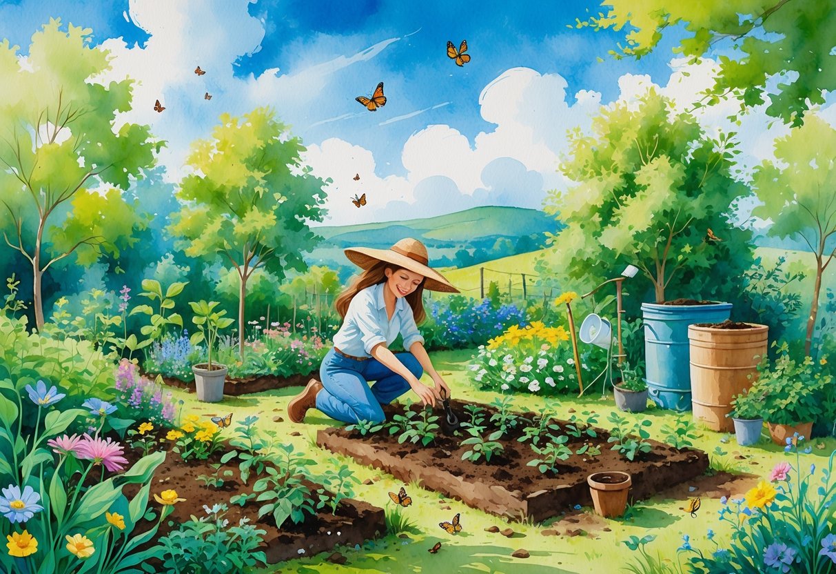 A person planting seedlings in a lush garden surrounded by flowers, plants, butterflies, and birds with hills and a blue sky in the background.