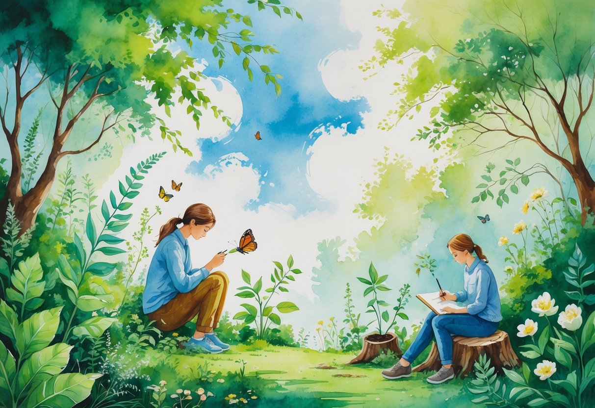 A peaceful natural scene with people observing plants and butterflies, surrounded by trees, flowers, and birds.