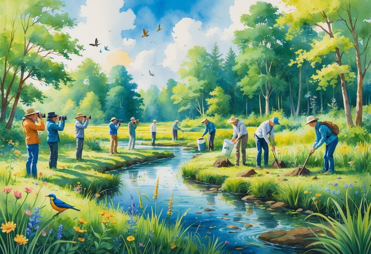 A group of people enjoying outdoor activities in a natural setting with trees, a stream, and wildlife.