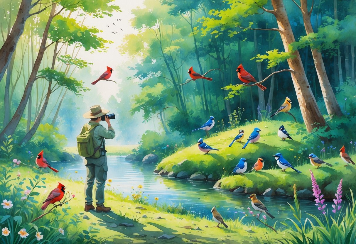 A person birdwatching in a forest near a stream, surrounded by colorful birds and trees.