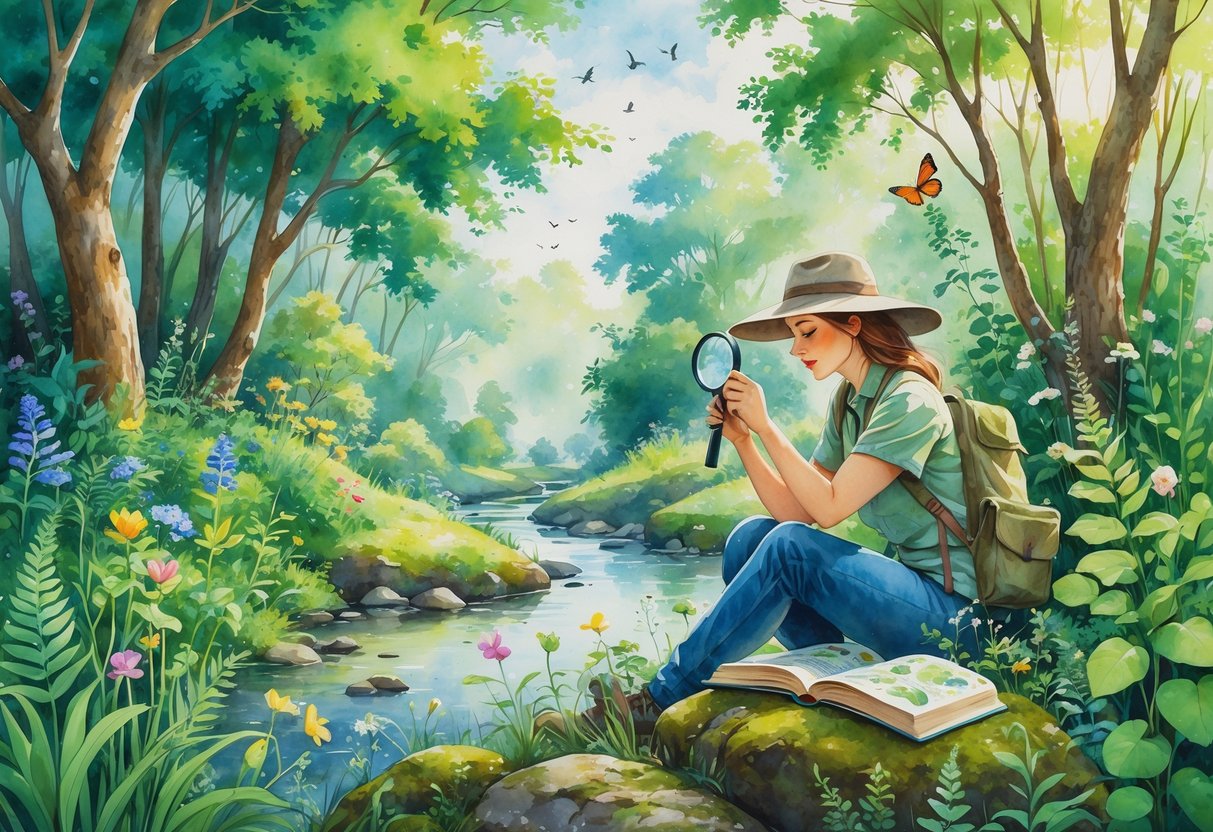 A person examining plants in a lush natural setting with trees, flowers, a stream, birds, and butterflies.