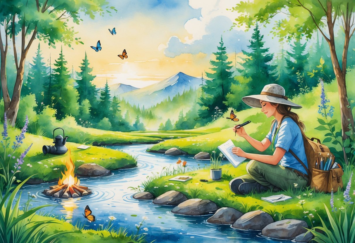 An environmental scientist enjoying nature activities like birdwatching and plant sketching in a lush forest near a stream with mountains in the background.