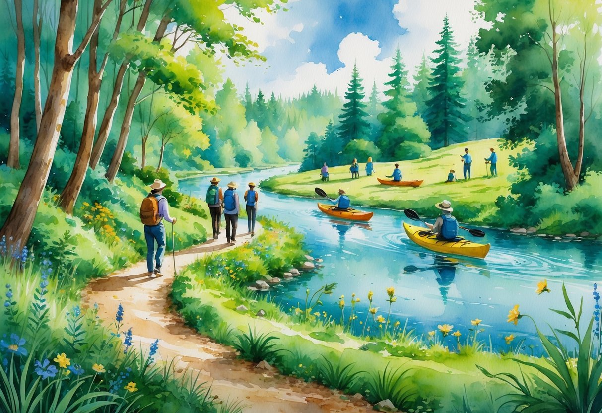 People enjoying outdoor activities like hiking, kayaking, birdwatching, and sketching in a lush forest and river landscape.