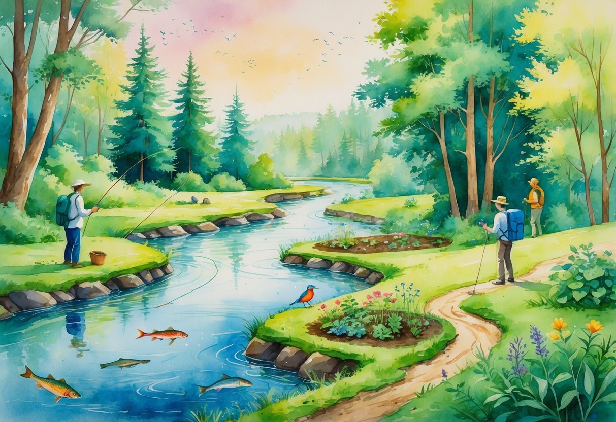 A person in a forest surrounded by trees, a river with someone fishing, birds in the trees, a garden with plants being tended, and a hiker on a trail, all showing people enjoying outdoor activities in nature.