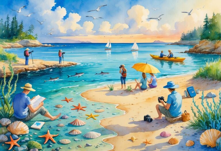 A coastal scene showing people enjoying hobbies like sketching marine life, birdwatching, snorkeling, collecting seashells, gardening, reading, photographing wildlife, kayaking, and beach camping.
