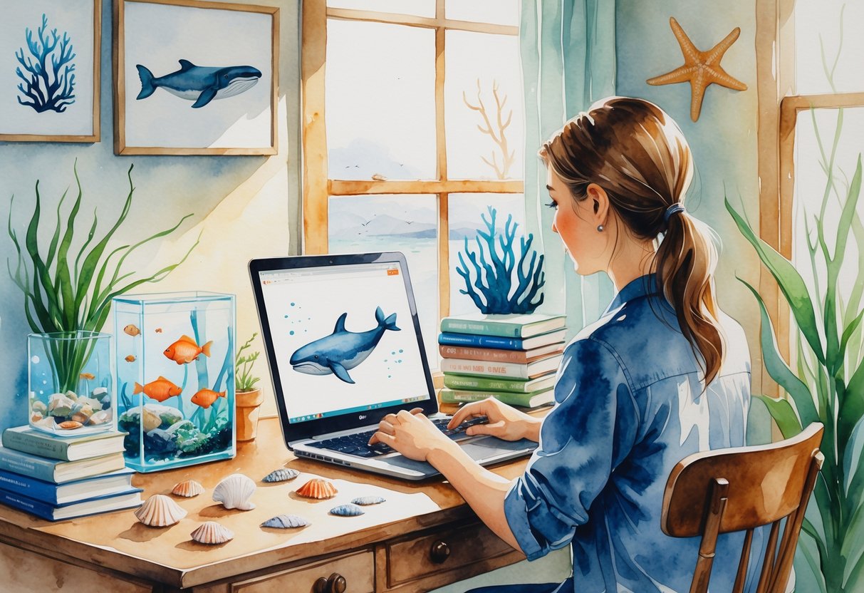 A person sitting at a desk using a laptop surrounded by marine biology books, seashells, and a small aquarium in a cozy room with ocean-themed decorations.