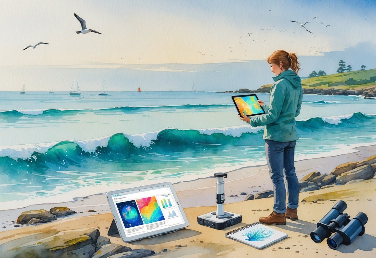 A person standing on a rocky shore using a tablet with ocean data, surrounded by marine biology tools, with the sea, sailboats, and seabirds in the background.
