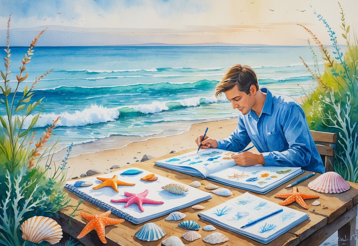 A person studying marine specimens on a table by the beach with shells, starfish, and coral, surrounded by coastal plants and calm sea in the background.