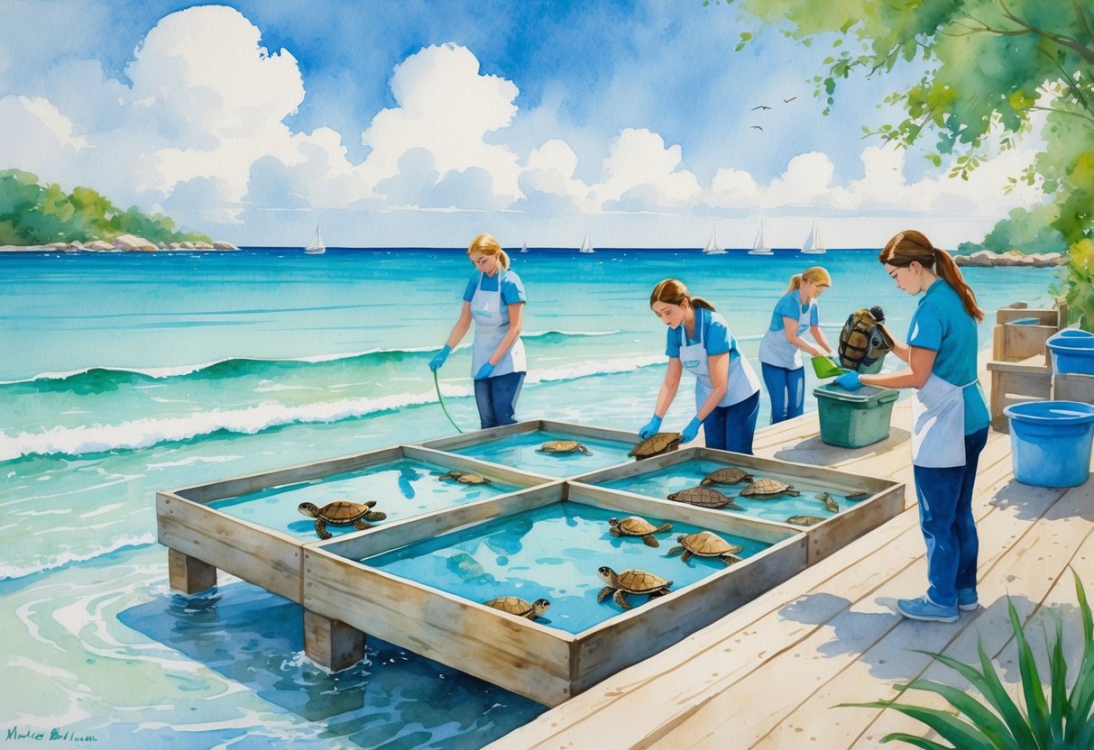 Volunteers caring for sea turtles and seabirds at a coastal marine wildlife rehabilitation center with a dock, calm water, and green shoreline in the background.