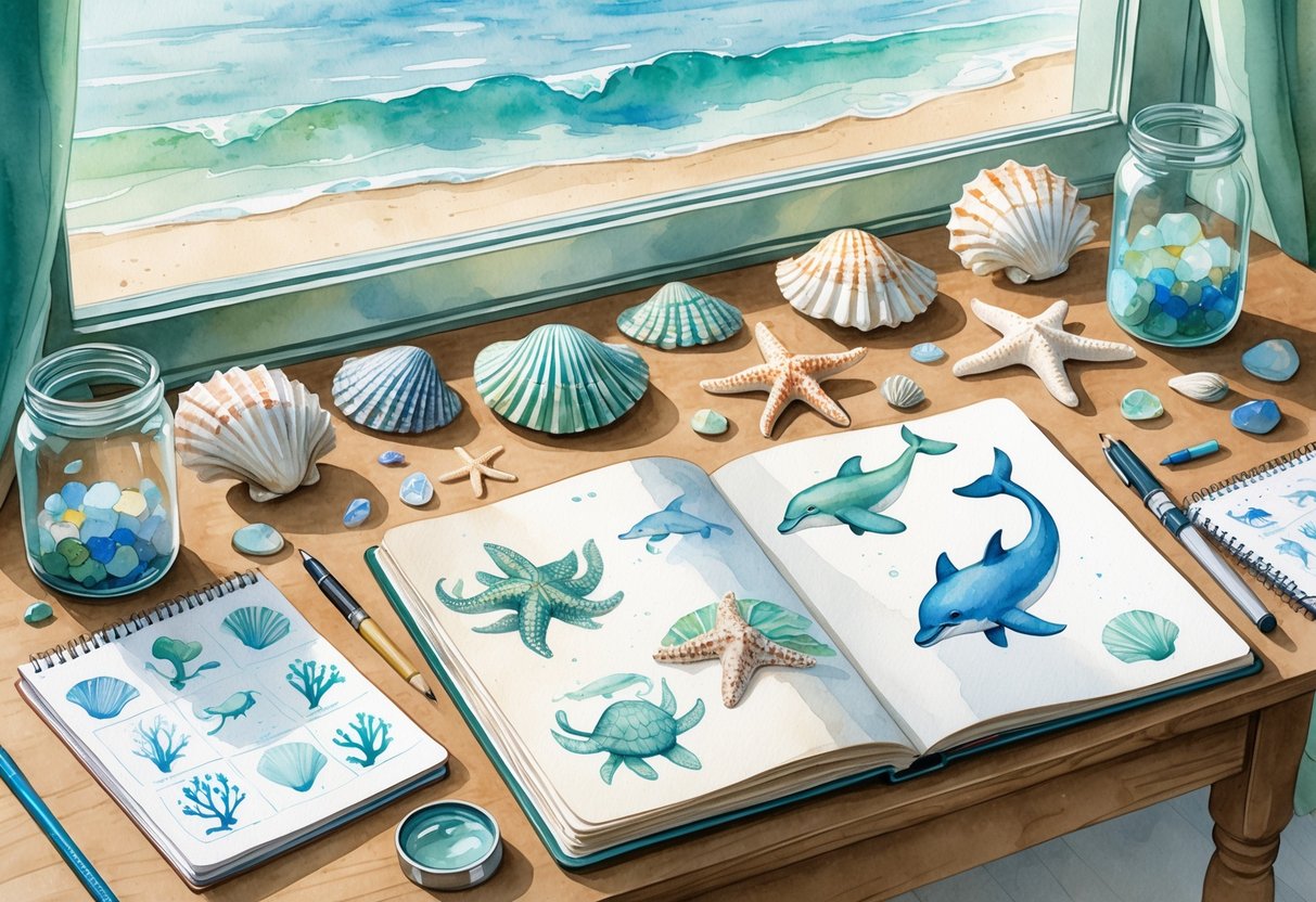 A table with ocean-themed crafts, seashells, and drawings of marine animals near a window showing the ocean horizon.