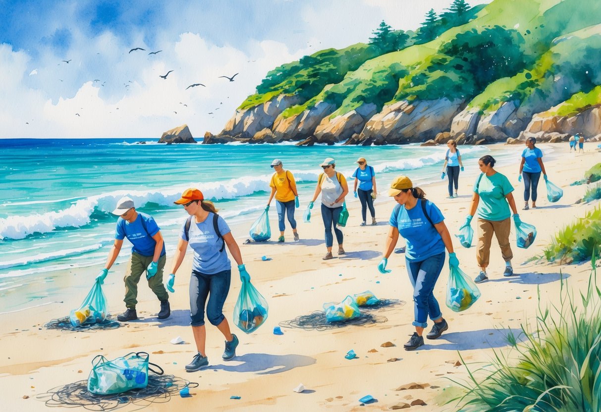 People cleaning up trash along a beach with the ocean and coastal plants in the background.