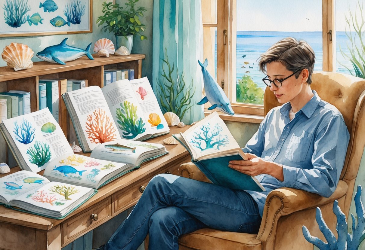 A person reading marine biology journals at a wooden desk in a cozy room with ocean-themed decorations and a window showing an ocean view.