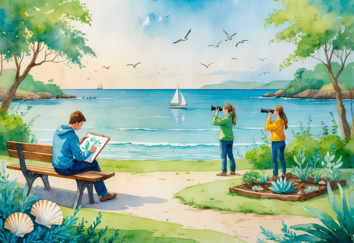 A peaceful coastal park where marine biologists enjoy hobbies like sketching seashells, birdwatching, and gardening near the shoreline with a sailboat in the distance.