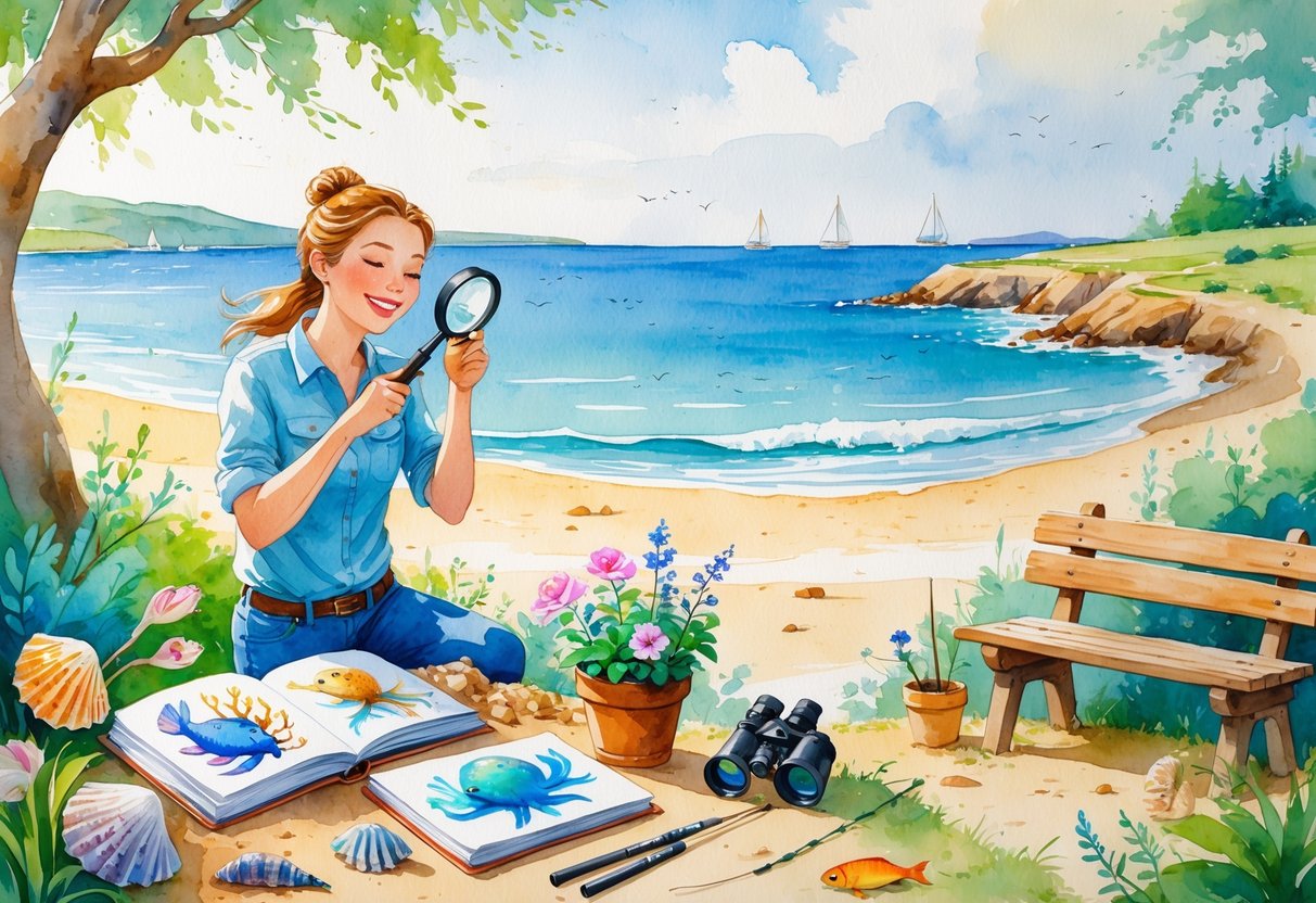 A marine biologist outdoors examining a seashell surrounded by gardening tools, a sketchbook with sea creature drawings, binoculars, and a fishing rod near a calm coastal landscape with sandy shore and sailboats.