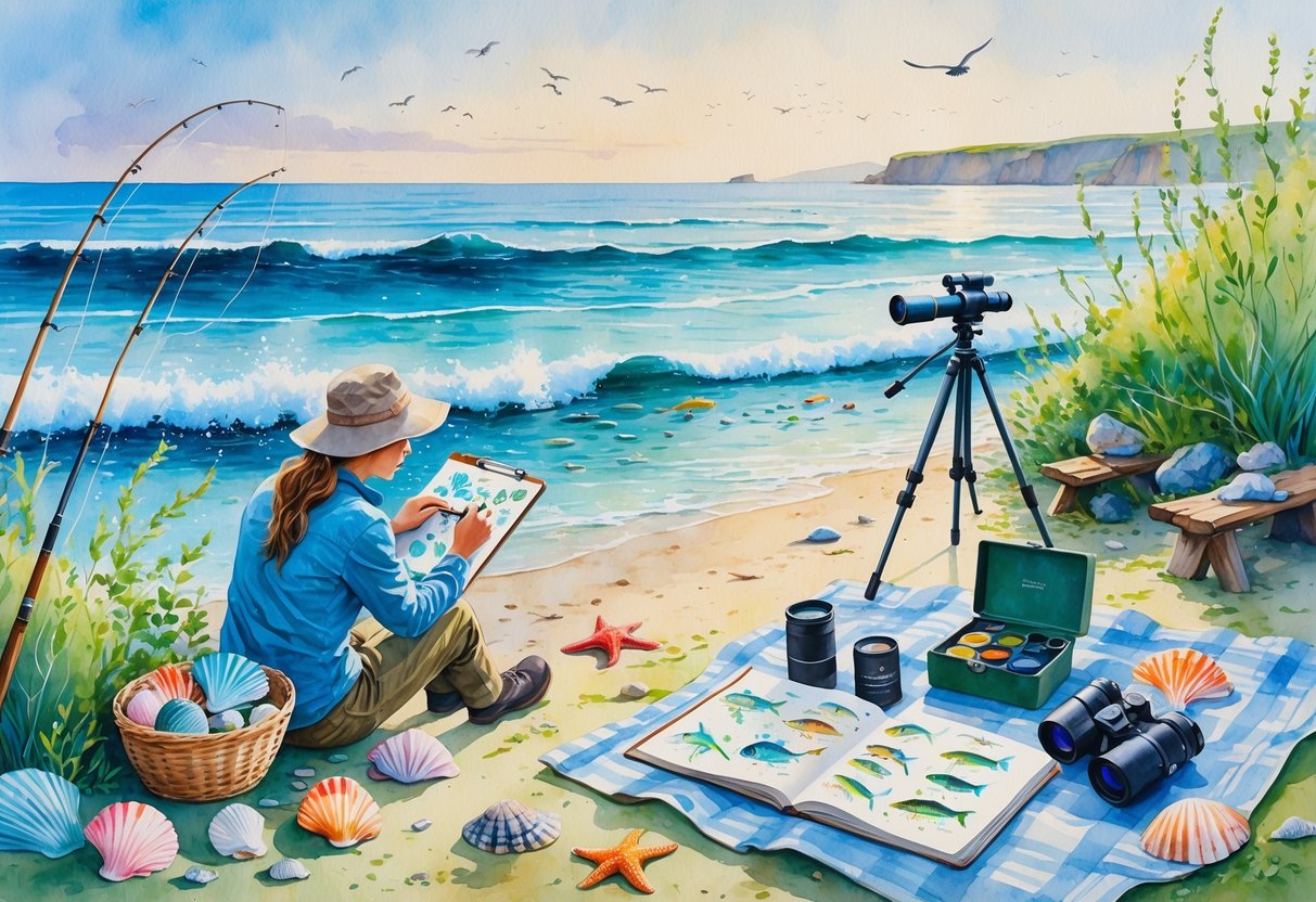 A person near the shore surrounded by seashells, fishing gear, a camera, telescope, and art supplies with the ocean and coastal plants in the background.