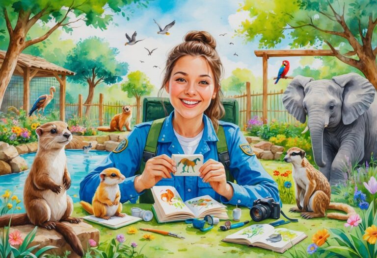 A zookeeper surrounded by various animals like an otter, parrot, elephant calf, and meerkat, engaging in hobbies such as painting, reading, gardening, photographing, and playing music in a zoo setting.