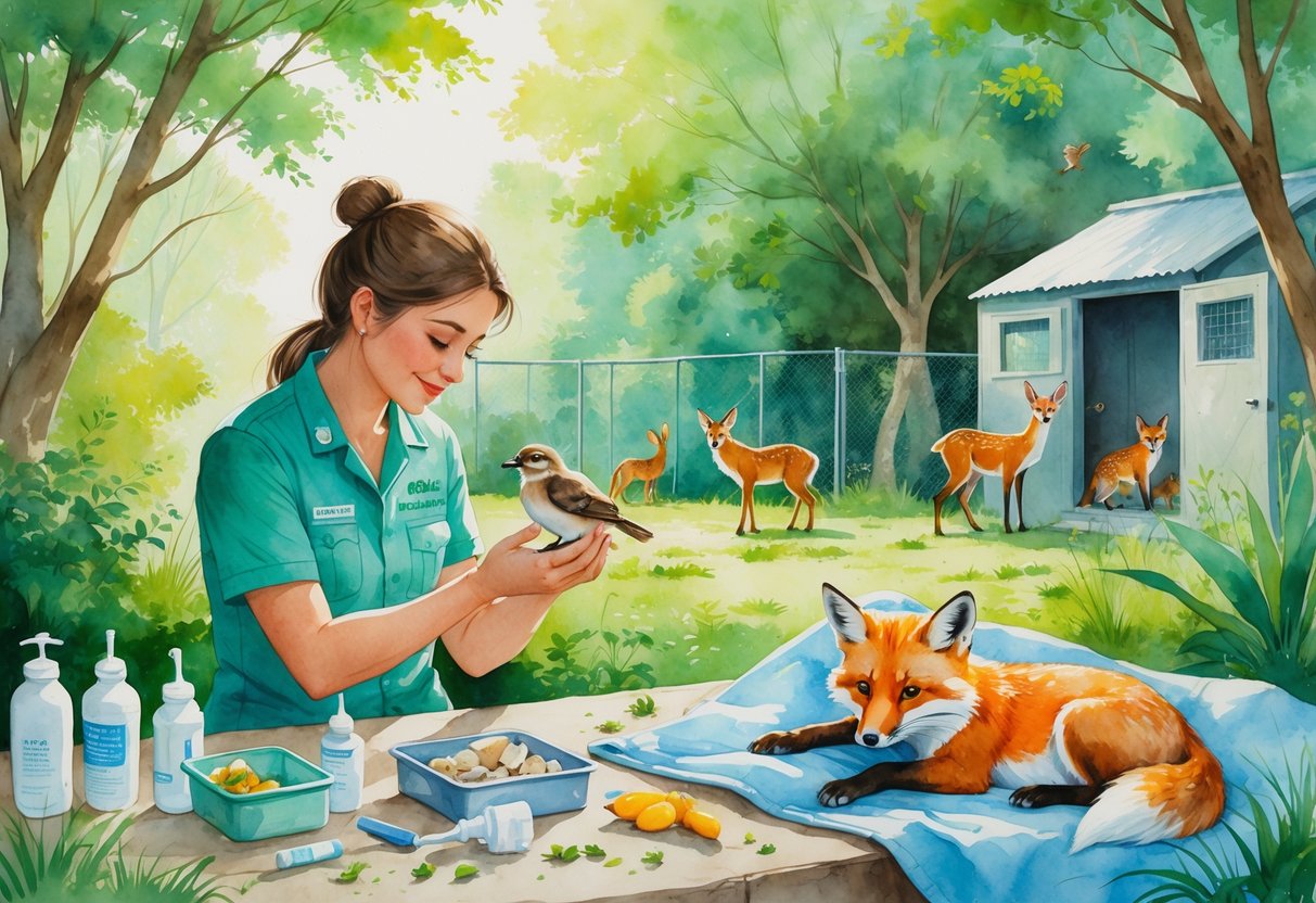 A peaceful outdoor scene showing zookeepers and animal handlers caring for rescued animals like a baby bird and a young fox in a green natural setting.
