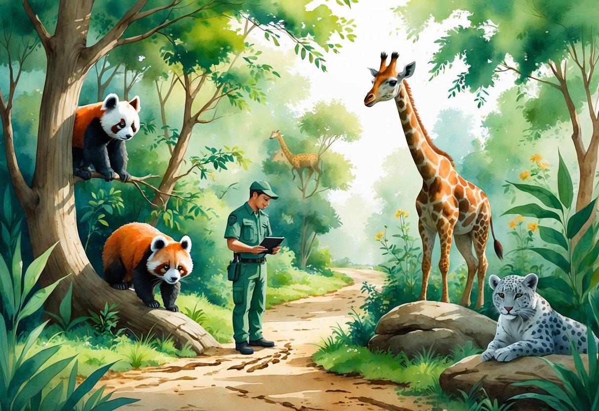 A zookeeper and animal handler observing animal tracks and wildlife in a lush zoo setting with various animals nearby.