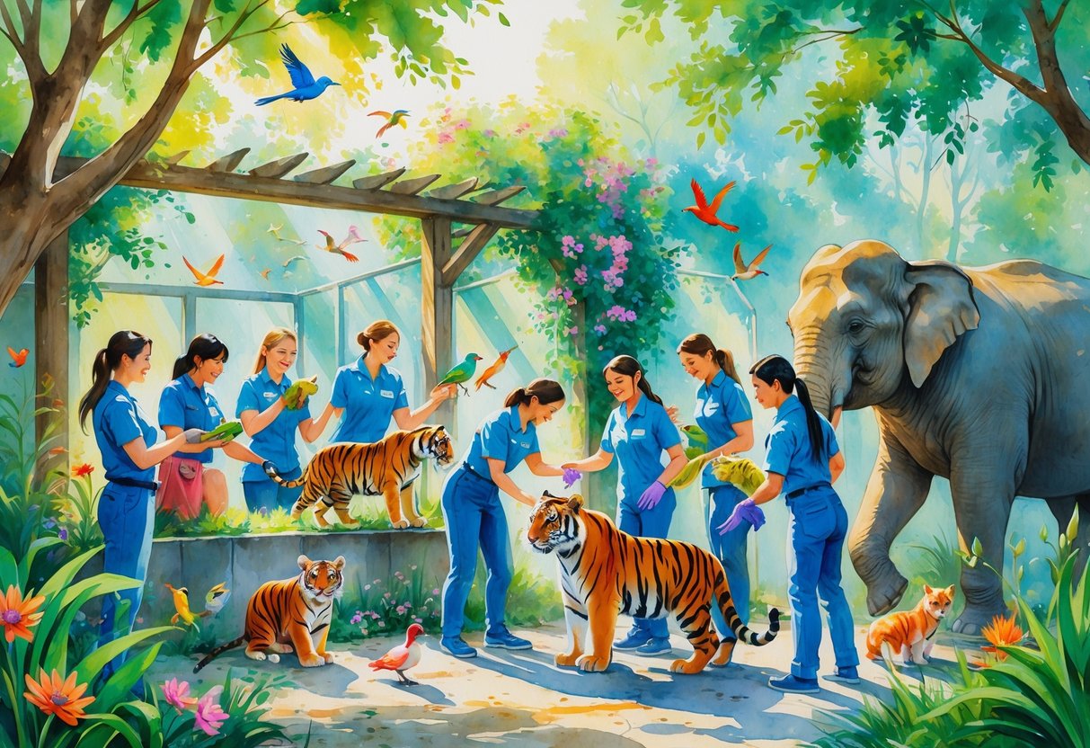 People caring for and interacting with animals in a zoo setting surrounded by trees and plants.