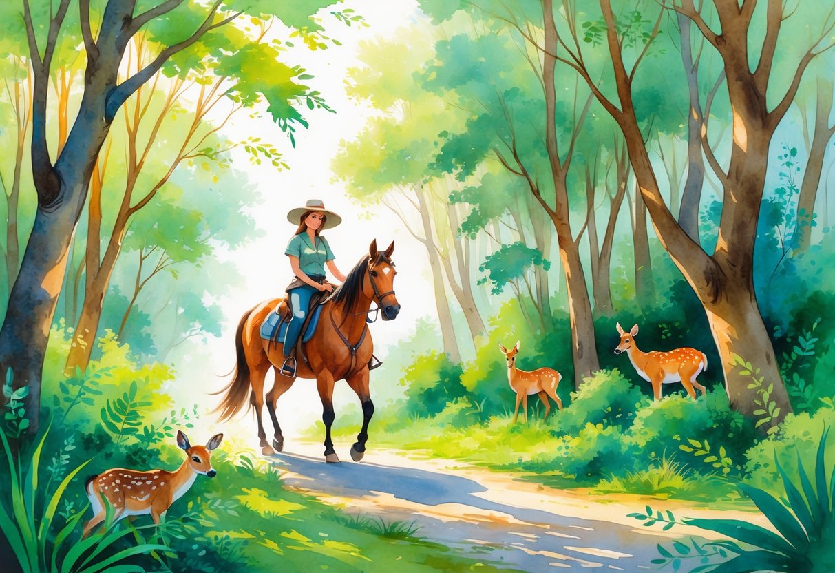 A person riding a horse along a forest path with trees and animals nearby.