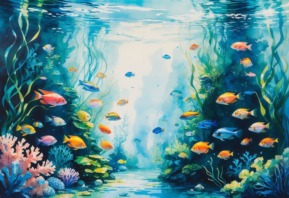 Underwater scene inside an aquarium with colorful fish swimming among plants and coral.
