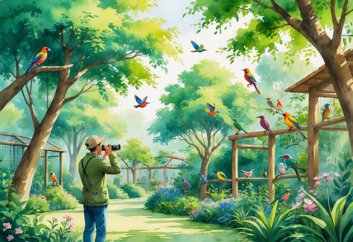 A zookeeper watching colorful birds perched on trees in a lush, green zoo environment.