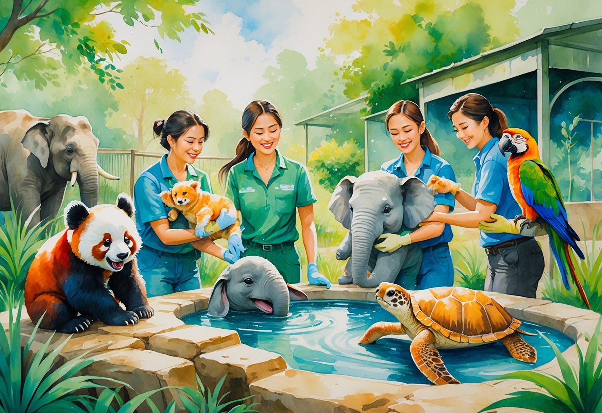 People caring for various animals including a red panda, baby elephant, parrot, and sea turtle in a lush zoo environment.