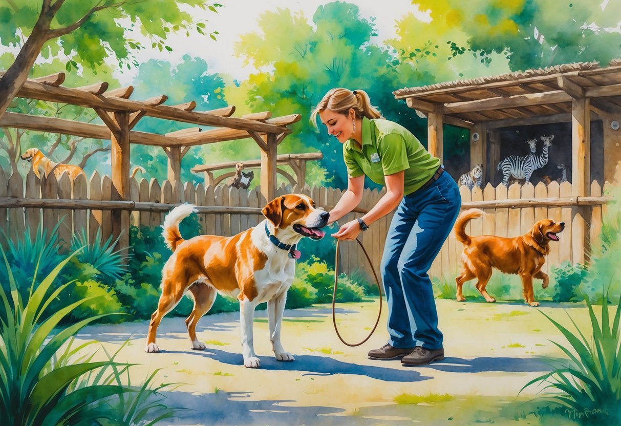 An animal handler training a dog outdoors near zoo enclosures surrounded by greenery.