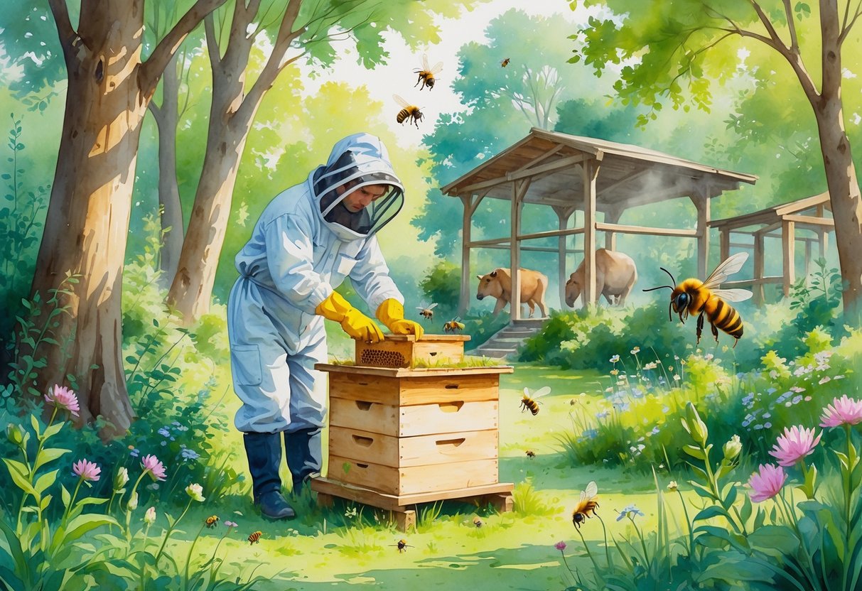 A beekeeper tending to a wooden beehive surrounded by flowers and greenery with animal enclosures visible in the background.