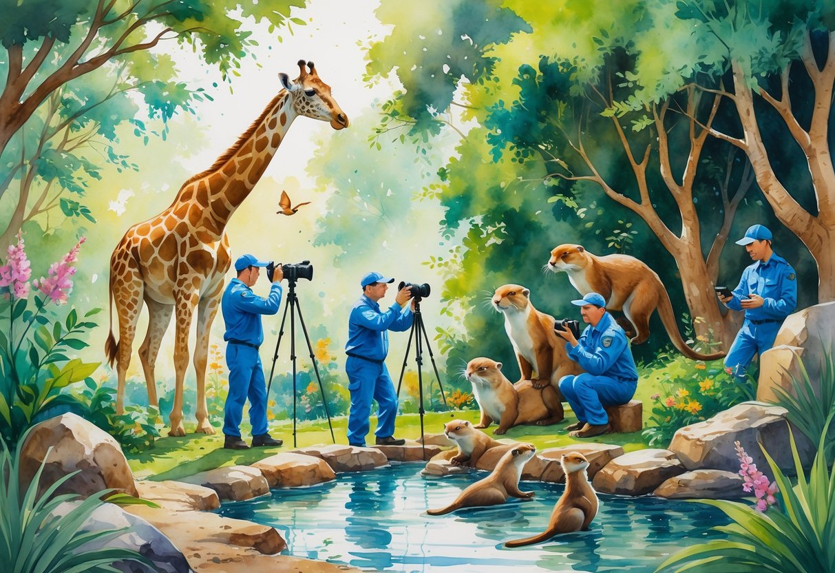 A group of zookeepers and animal handlers interacting with animals like a giraffe, otters, and a parrot in a lush zoo environment.