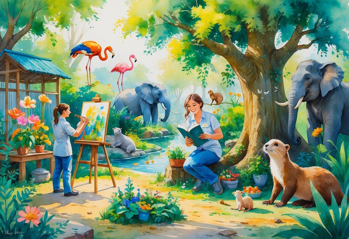 A zookeeper enjoying hobbies like painting, gardening, reading, and playing music surrounded by various animals in a zoo setting with trees and water.