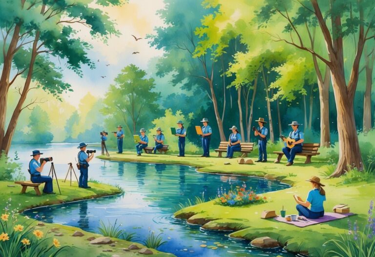 Park rangers enjoying various hobbies outdoors including birdwatching, painting, reading, fishing, photography, gardening, sketching, yoga, playing guitar, and hiking in a peaceful forest and lakeside setting.