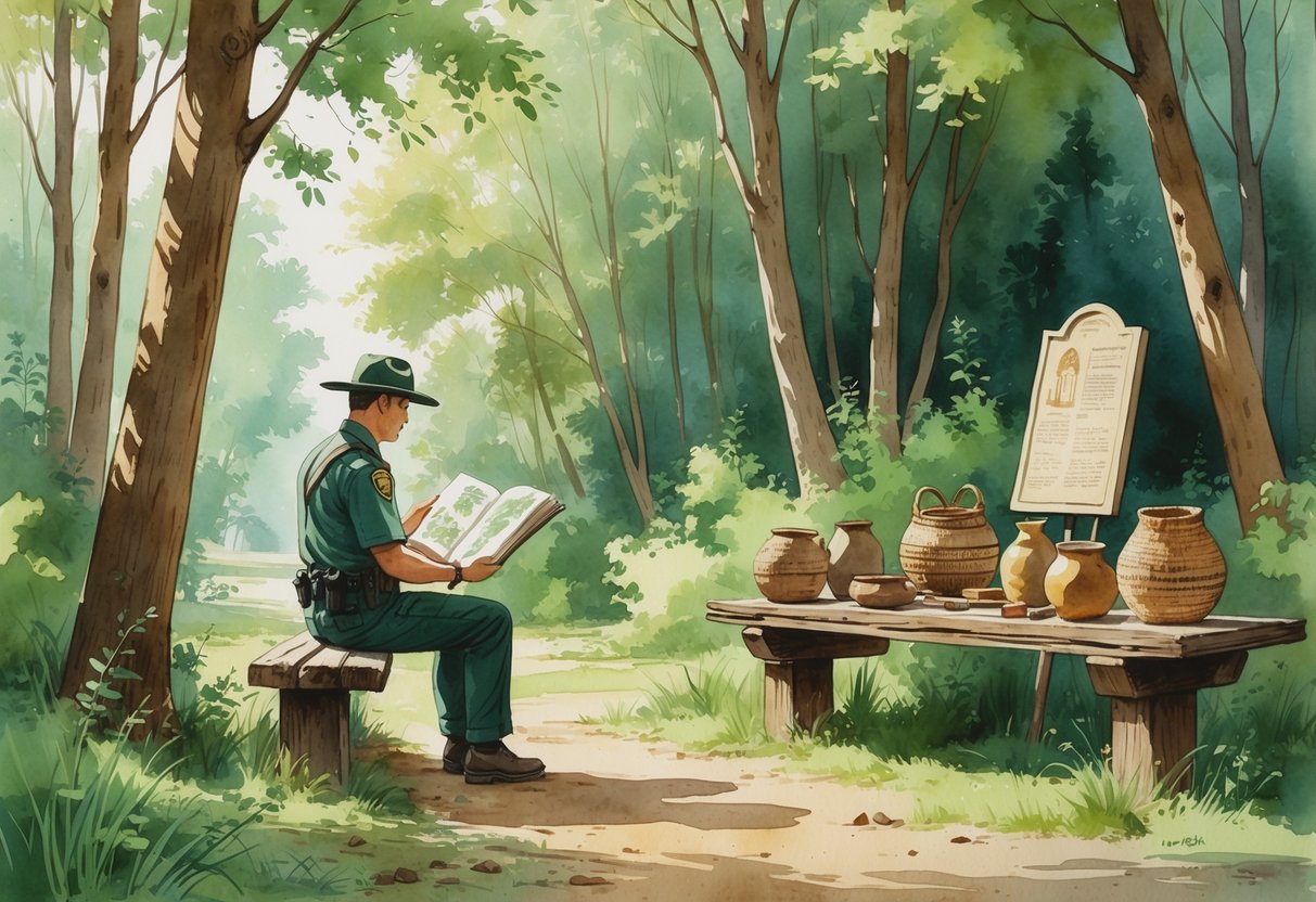 A park ranger sitting on a bench in a forest clearing, reading a book with historical artifacts on a nearby table and a small monument in the background.