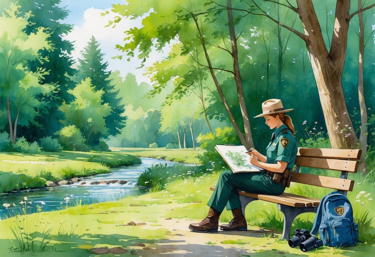 A park ranger sitting on a bench in a green park, sketching in a notebook surrounded by trees and a small stream.