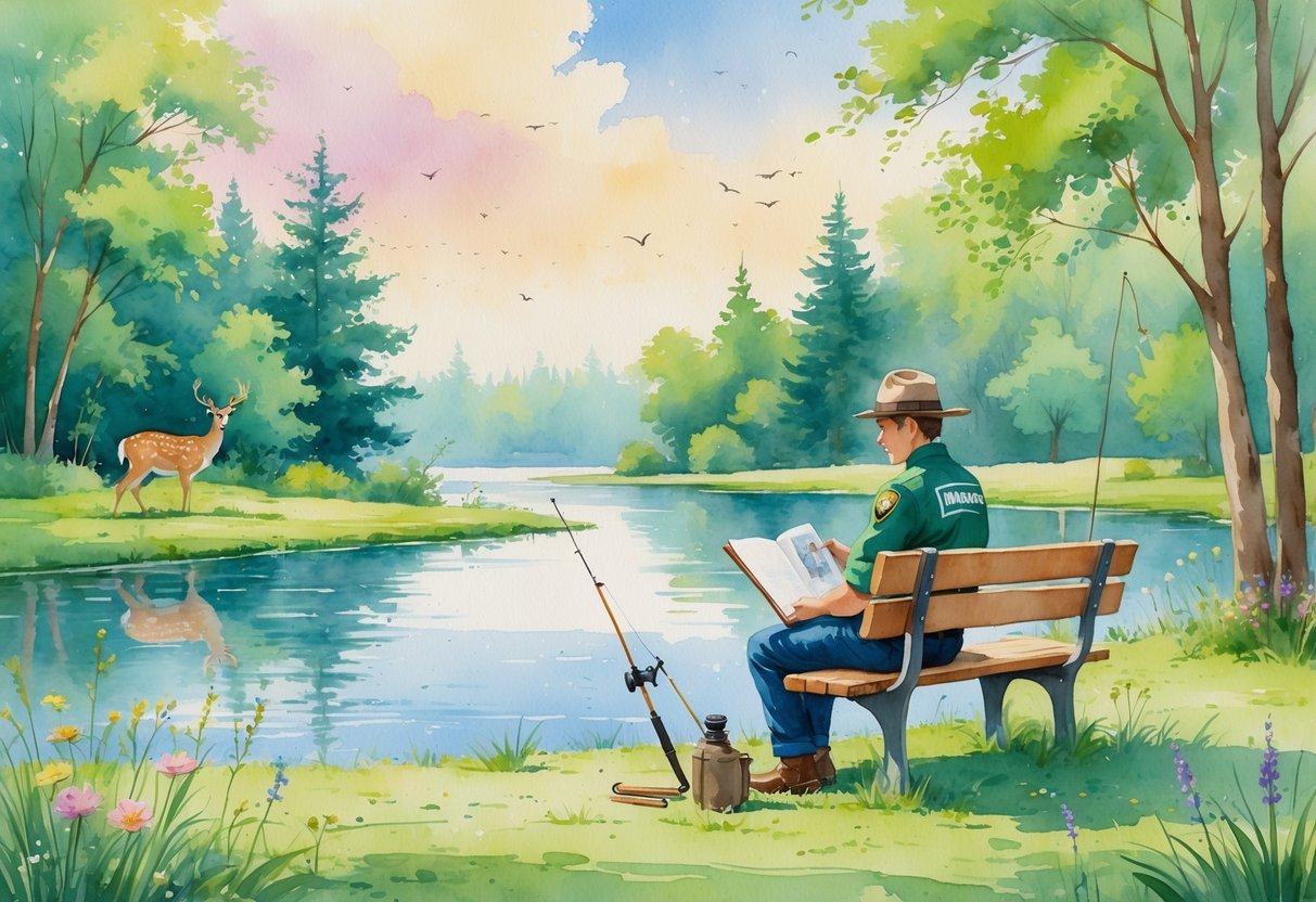 A park ranger sitting on a bench by a lake surrounded by trees and wildflowers, with a fishing rod, sketchbook, binoculars, a deer nearby, and birds flying in the sky.
