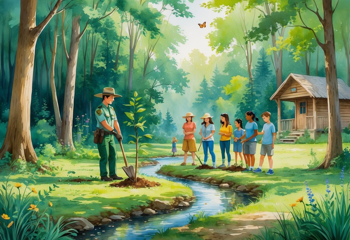 A park ranger and volunteers planting trees in a forest clearing near a stream with wildflowers and butterflies.
