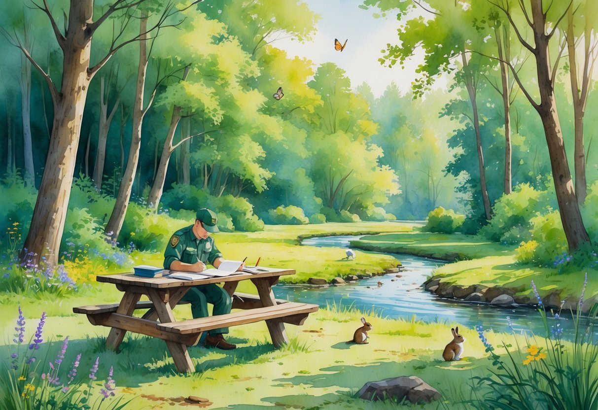 A park ranger sitting at a picnic table in a forest clearing, sketching and writing in a notebook surrounded by trees, wildflowers, and small woodland animals.