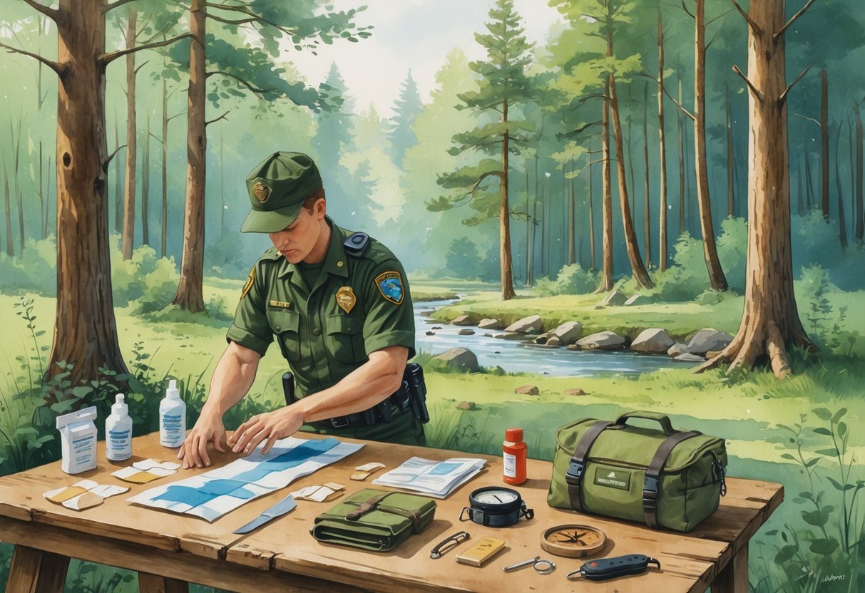 A park ranger practicing first aid bandaging on a mannequin arm at a wooden table with survival gear, set in a peaceful forest clearing with trees and a stream.