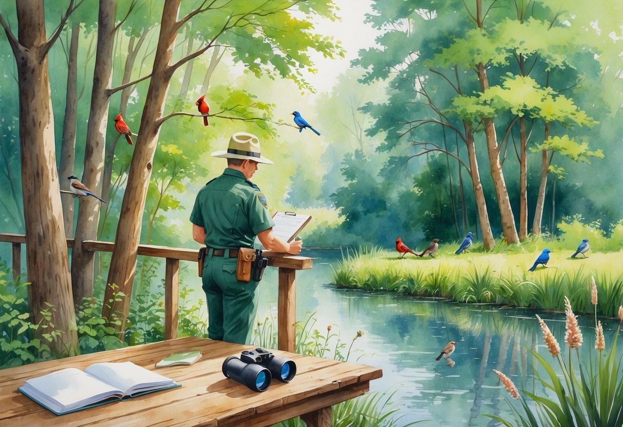 A park ranger standing on a wooden deck in a forest, watching colorful birds perched on tree branches, with a notebook and binoculars on a nearby table and a pond in the background.