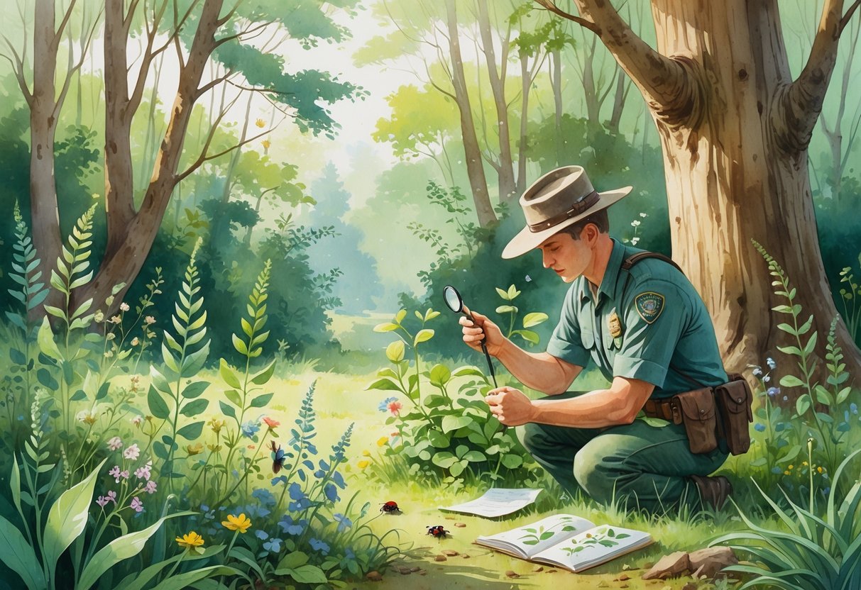 A park ranger kneeling in a forest clearing, examining plants closely with a magnifying glass, surrounded by various wildflowers and trees.