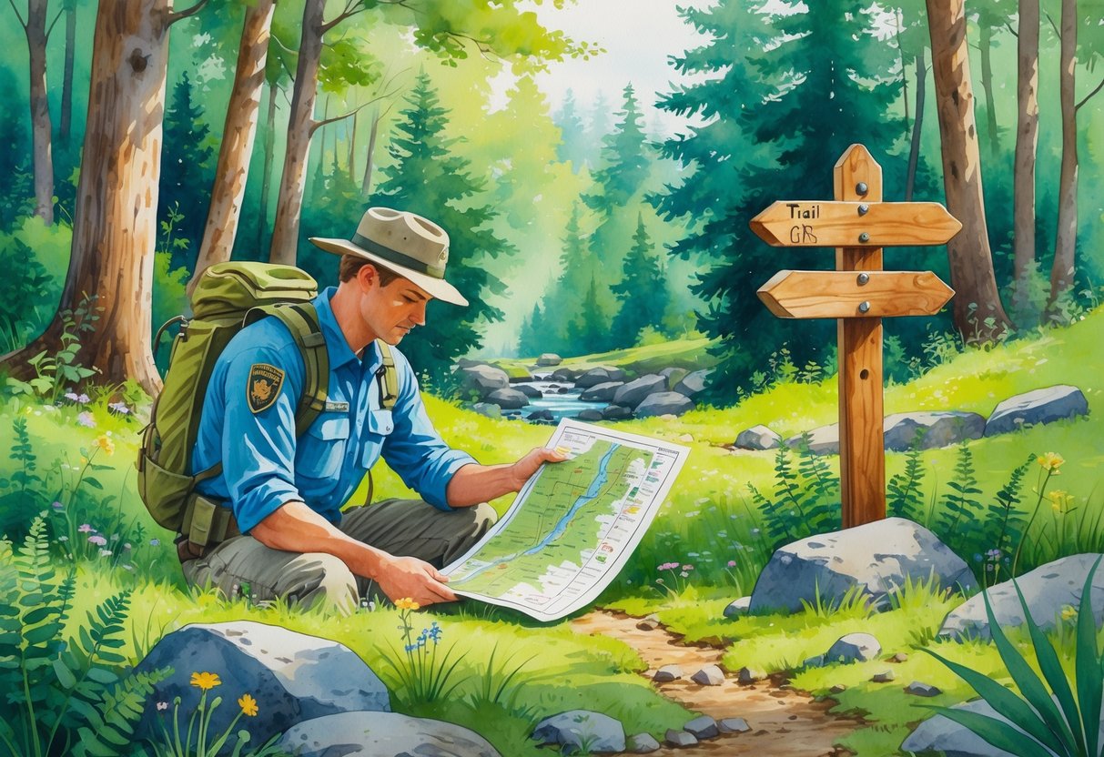 A park ranger studies a trail map and GPS device in a forest clearing surrounded by trees, wildflowers, and a small stream.