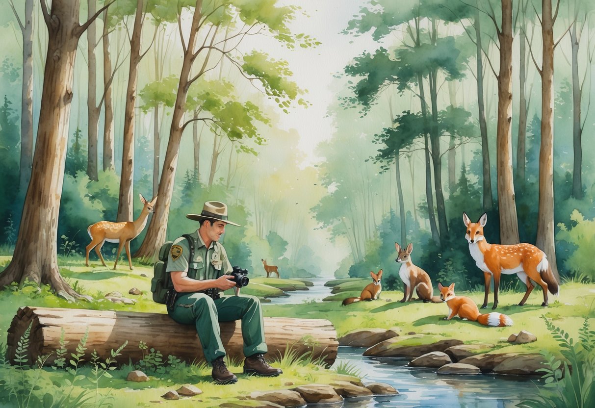 A park ranger sitting on a log in a forest surrounded by deer, birds, squirrels, and a fox near a calm stream under tall trees.