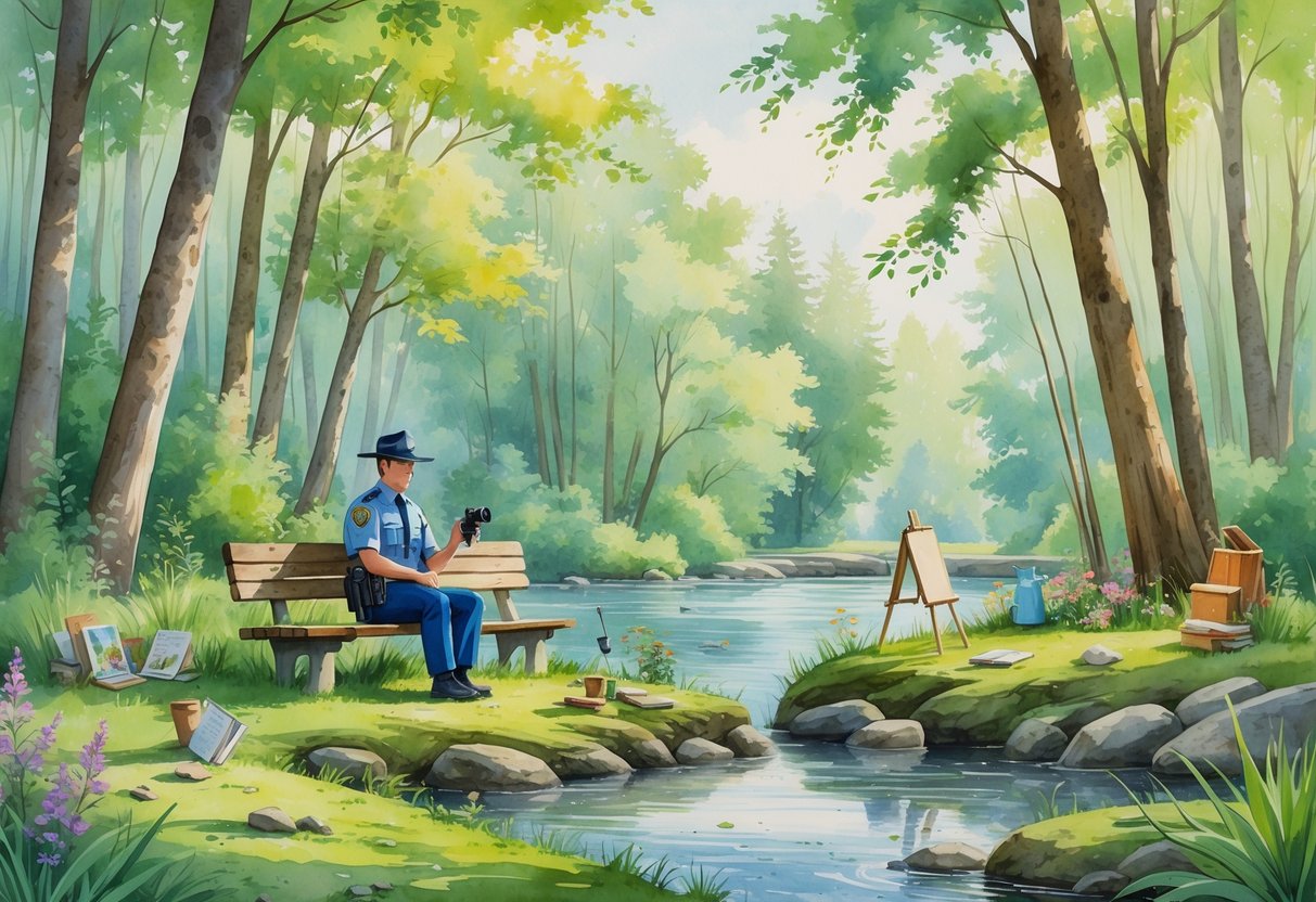 A park ranger resting on a bench by a river in a forest, surrounded by scenes of hobbies like birdwatching, fishing, sketching, reading, gardening, photography, hiking, meditating, playing harmonica, and painting.