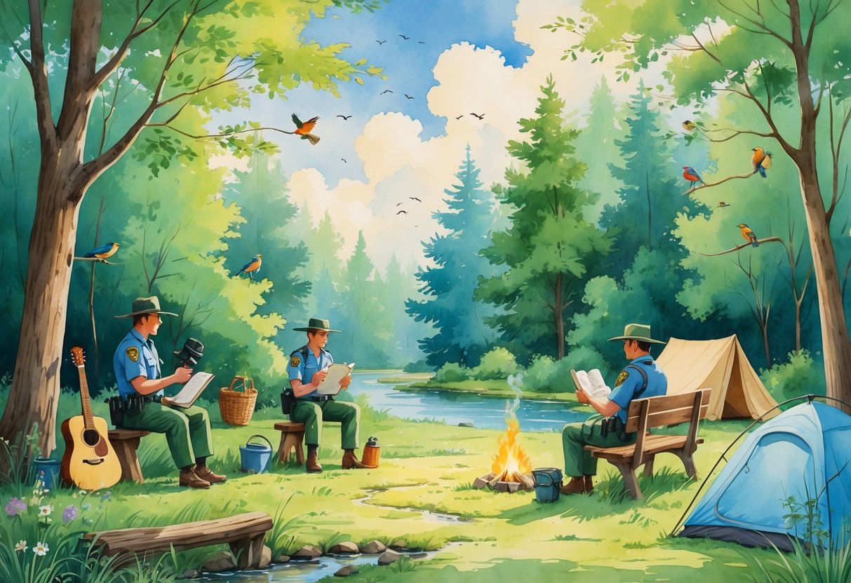 A park ranger in a forest clearing enjoying hobbies like birdwatching, sketching, fishing, reading, and playing guitar surrounded by trees, birds, and a stream.