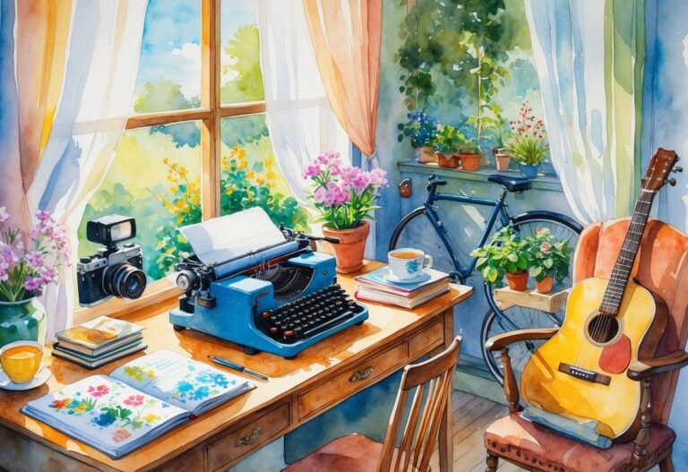 A peaceful room showing a person surrounded by hobbies like writing, photography, drawing, reading, knitting, gardening, cycling, and playing guitar.