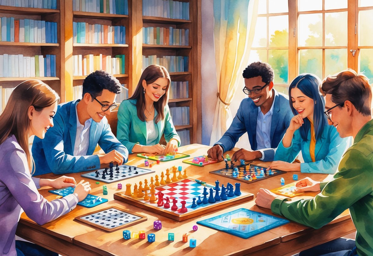 A group of people playing various board games together at a wooden table in a cozy room filled with books.