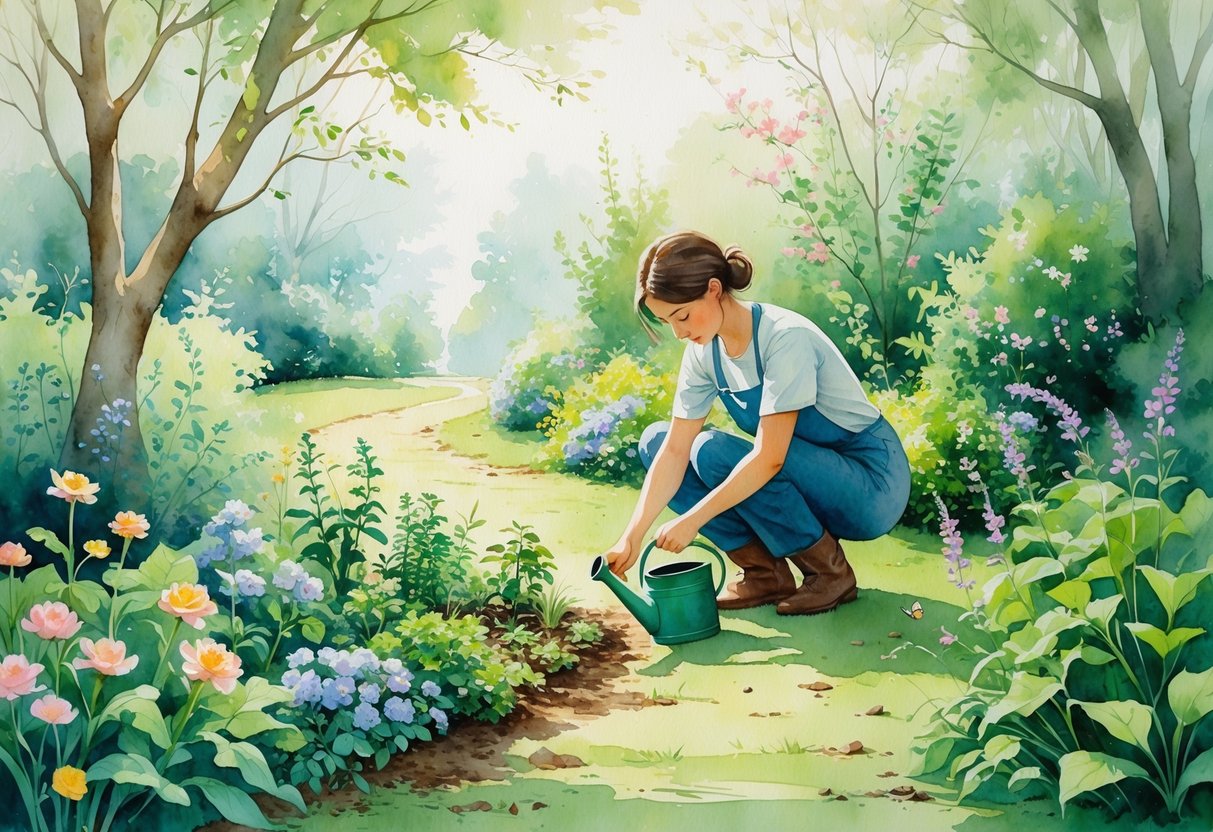 A person tending to flowers and plants in a peaceful garden with trees and a winding path.