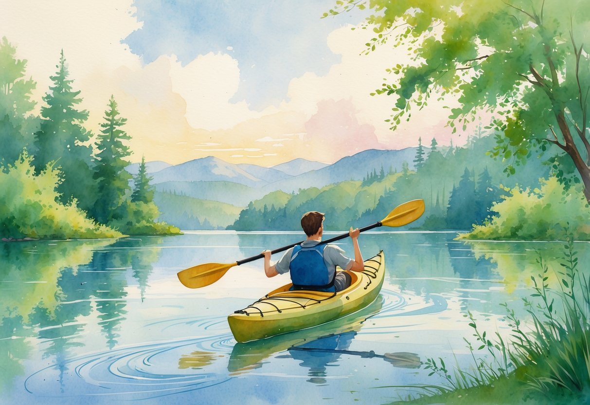 A person kayaking alone on a calm lake surrounded by trees and mountains.