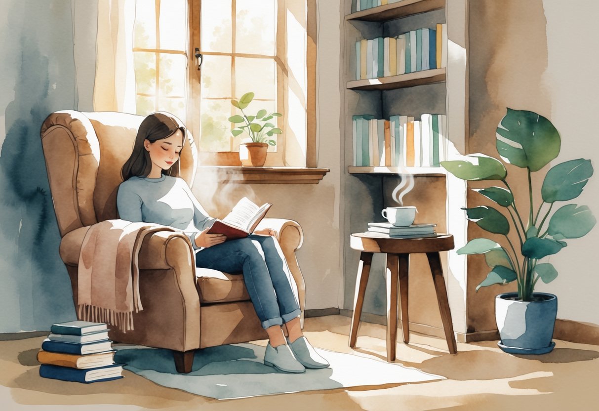 A person sitting in a cozy chair reading a book by a window with a cup of tea and books nearby.