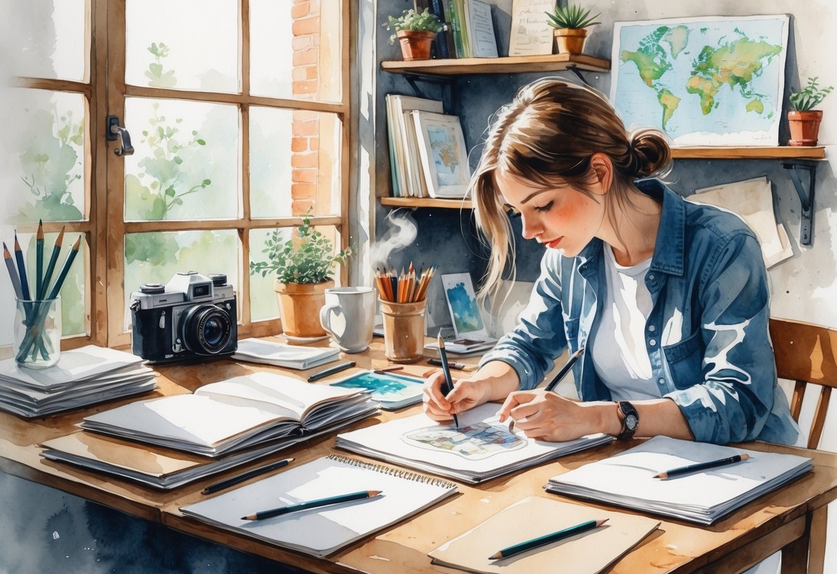 A person sketching at a wooden desk surrounded by art supplies, books, and a cup of coffee in a cozy room with natural light.